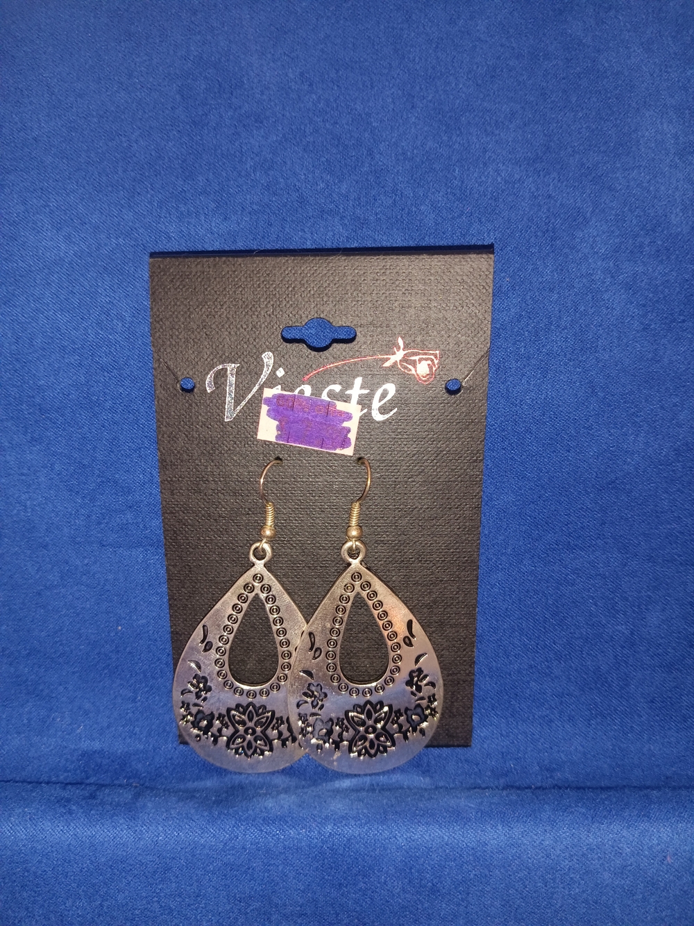 Silver-Tone Filigree Teardrop Earrings - Black Accent